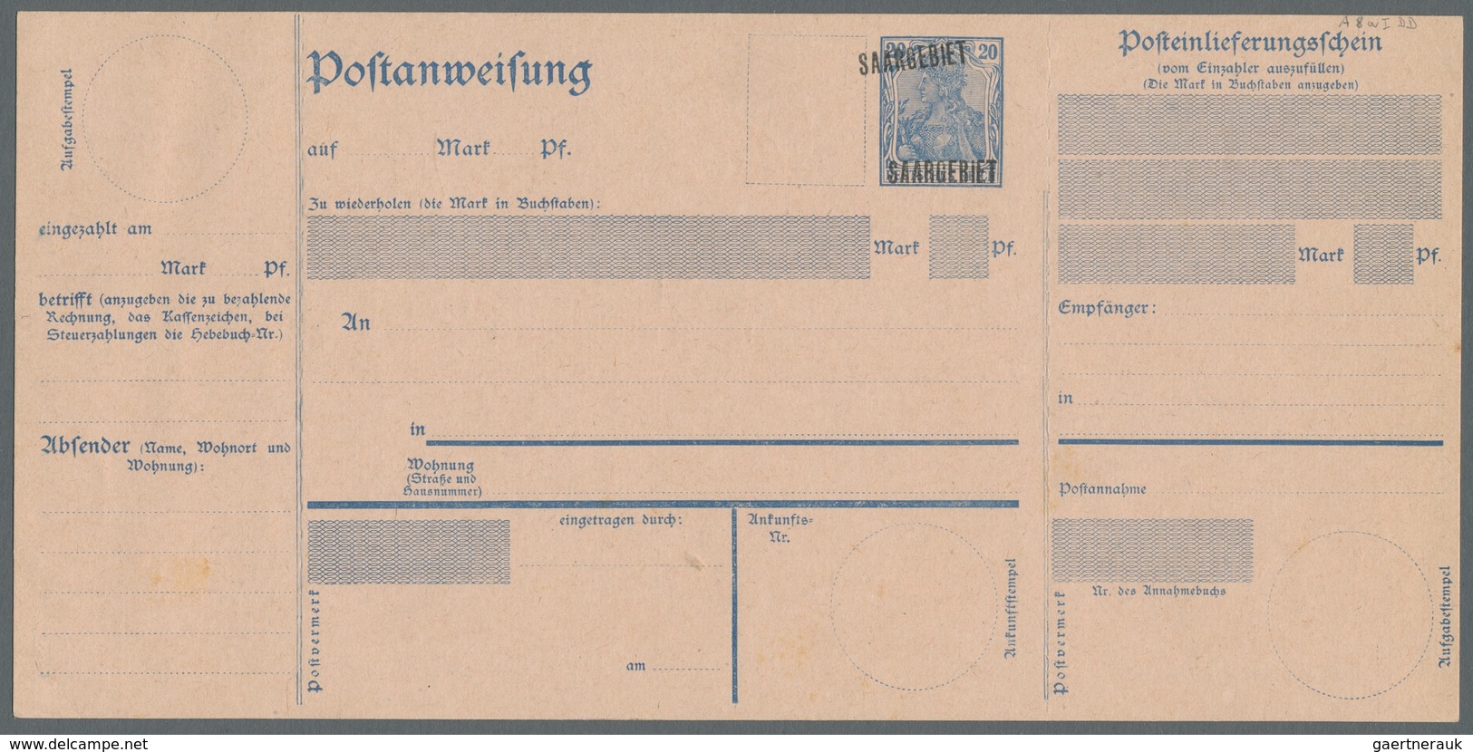 Deutsche Abstimmungsgebiete: Saargebiet - Ganzsachen: 1920/21, "20 Pfg. Germania/Saargebiet Mit Dopp - Postwaardestukken