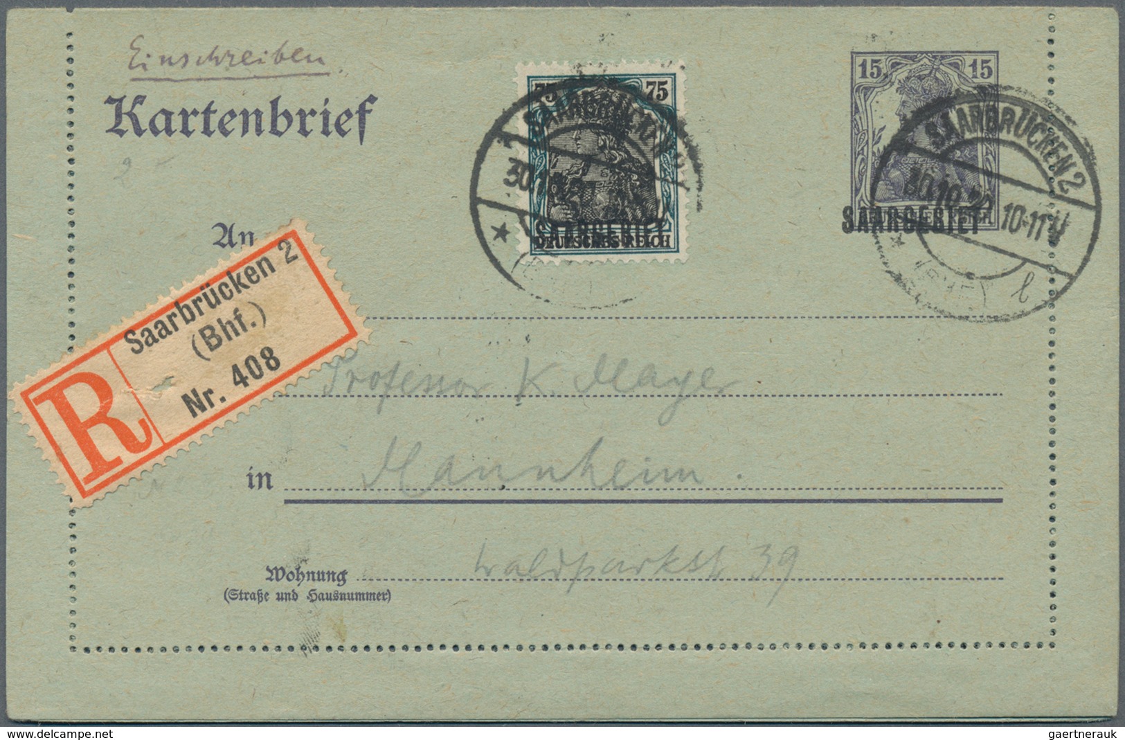 Deutsche Abstimmungsgebiete: Saargebiet - Ganzsachen: 1920, Gebrauchter Ganzsachenkartenbrief Mit Sc - Ganzsachen