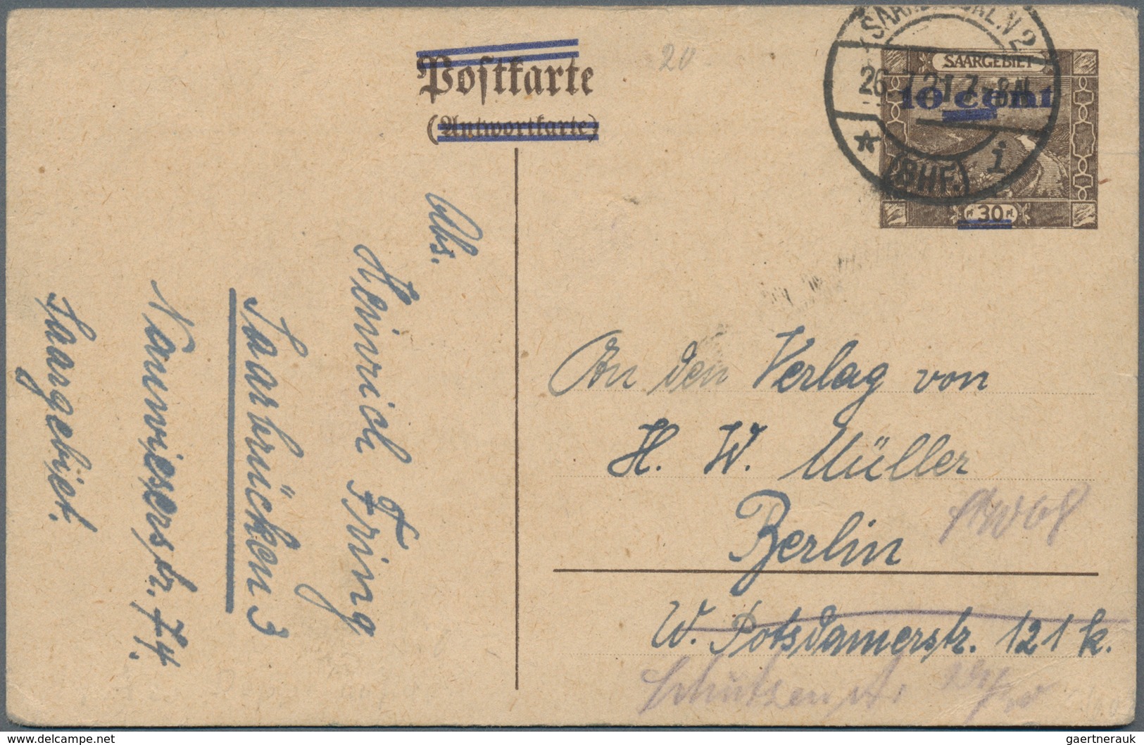 Deutsche Abstimmungsgebiete: Saargebiet - Ganzsachen: 1921, Bedarfs- Und Portogerecht Gebrauchte Gan - Postal Stationery