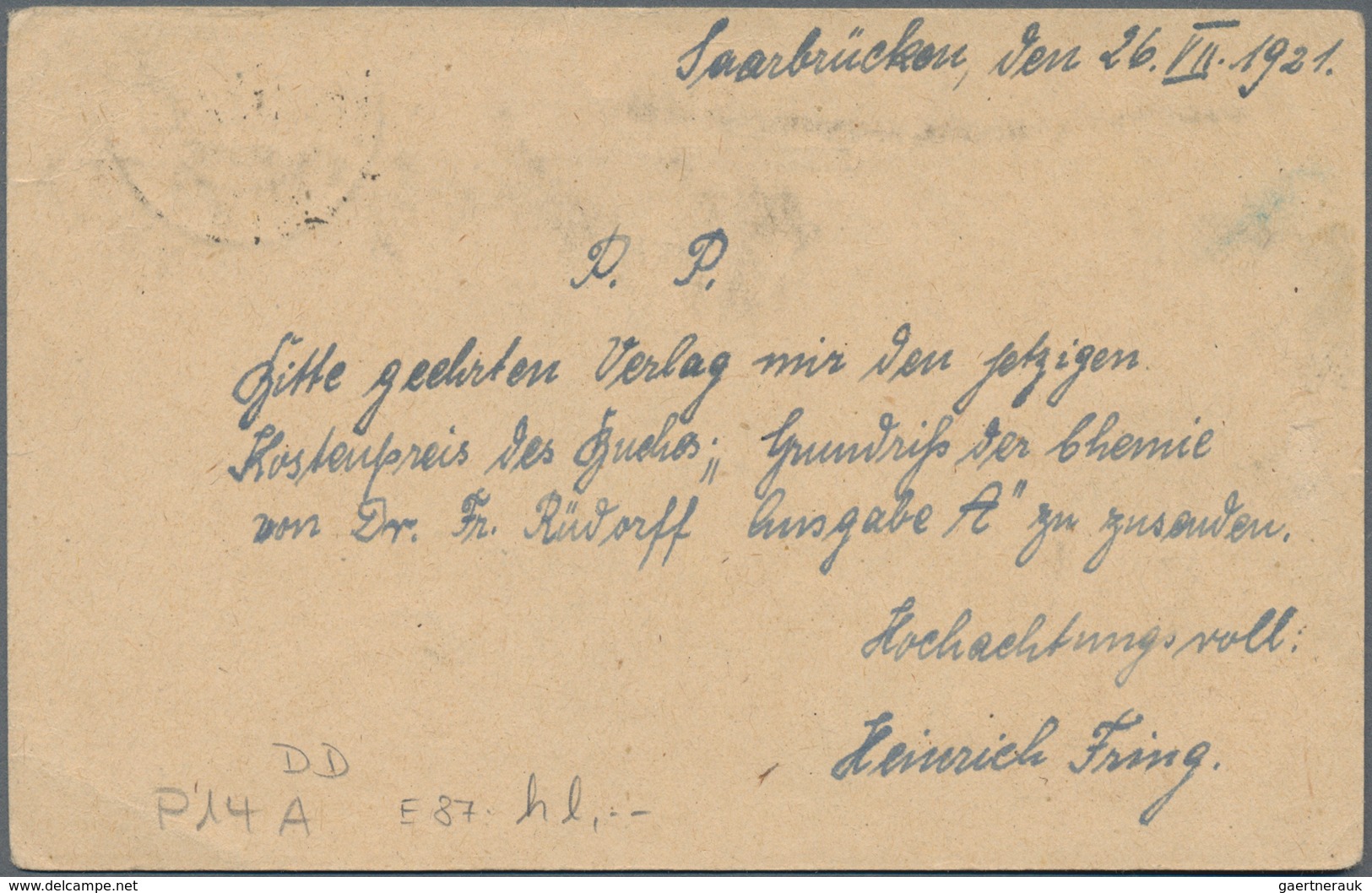 Deutsche Abstimmungsgebiete: Saargebiet - Ganzsachen: 1921, Bedarfs- Und Portogerecht Gebrauchte Gan - Ganzsachen