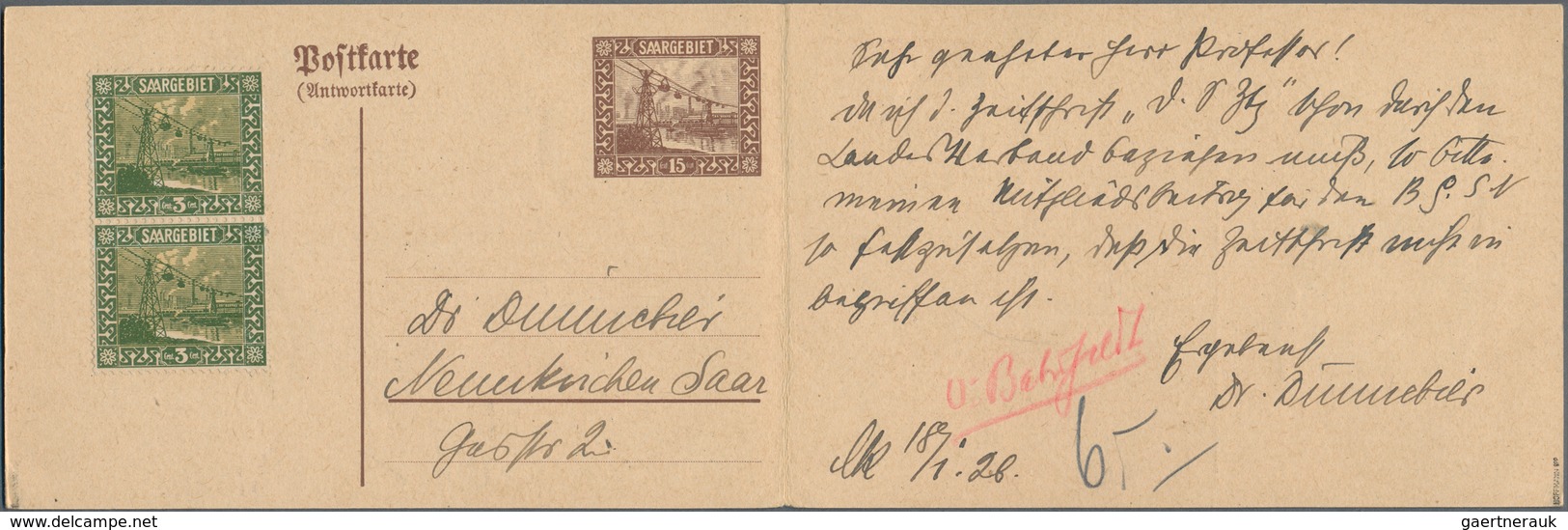 Deutsche Abstimmungsgebiete: Saargebiet - Ganzsachen: 1926, Bedarfs- Und Portogerecht Gebrauchte Gan - Postwaardestukken