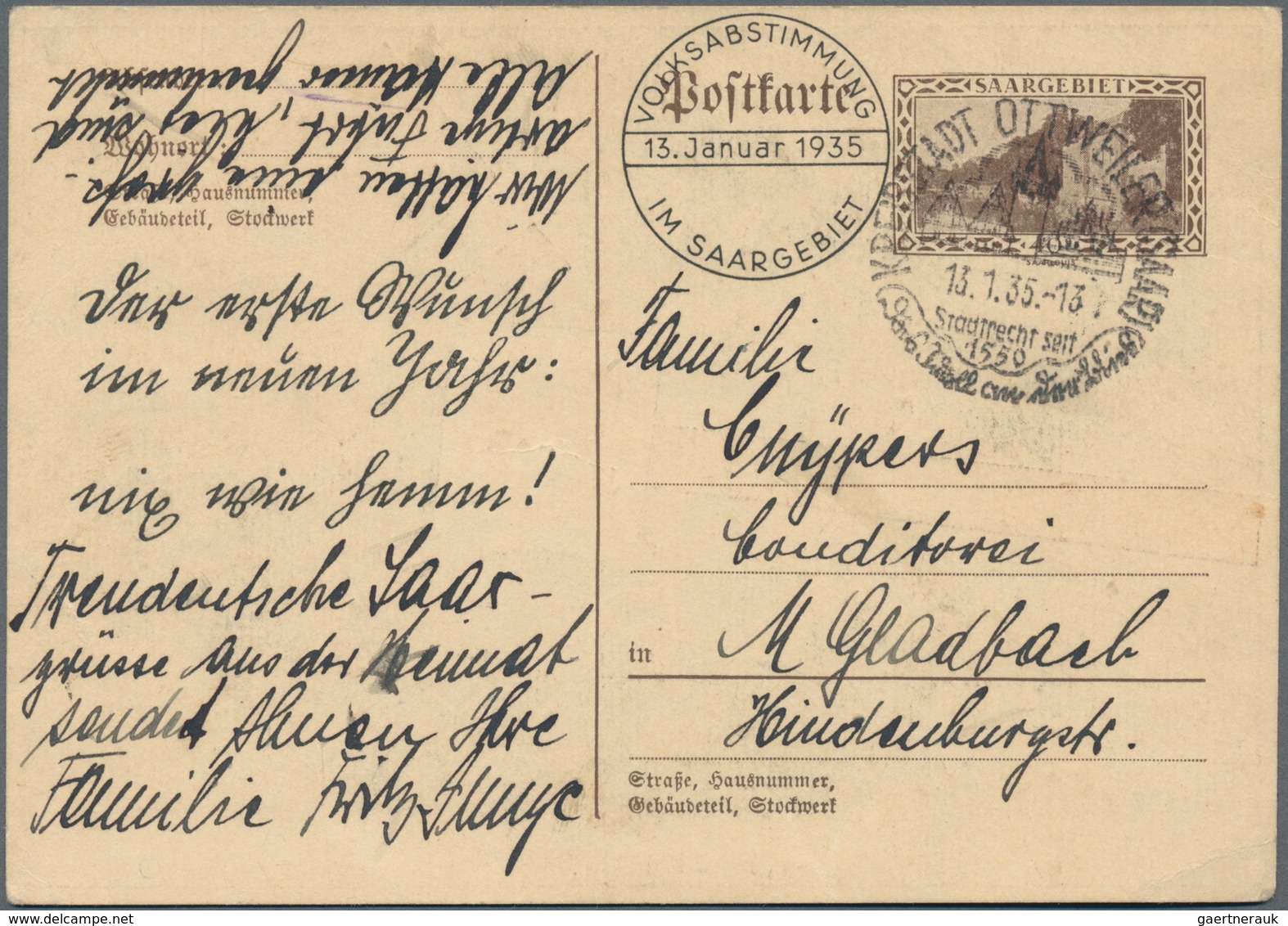 Deutsche Abstimmungsgebiete: Saargebiet - Ganzsachen: 1935, Bedarfs- Und Portogerecht Verwendete Gan - Postal Stationery