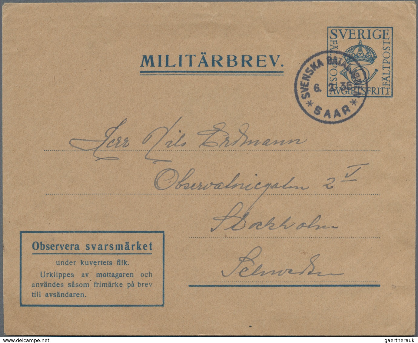 Deutsche Abstimmungsgebiete: Saargebiet - Feldpost: 1935, Militärbriefumschlag Der Schwedischen Stre - Brieven En Documenten