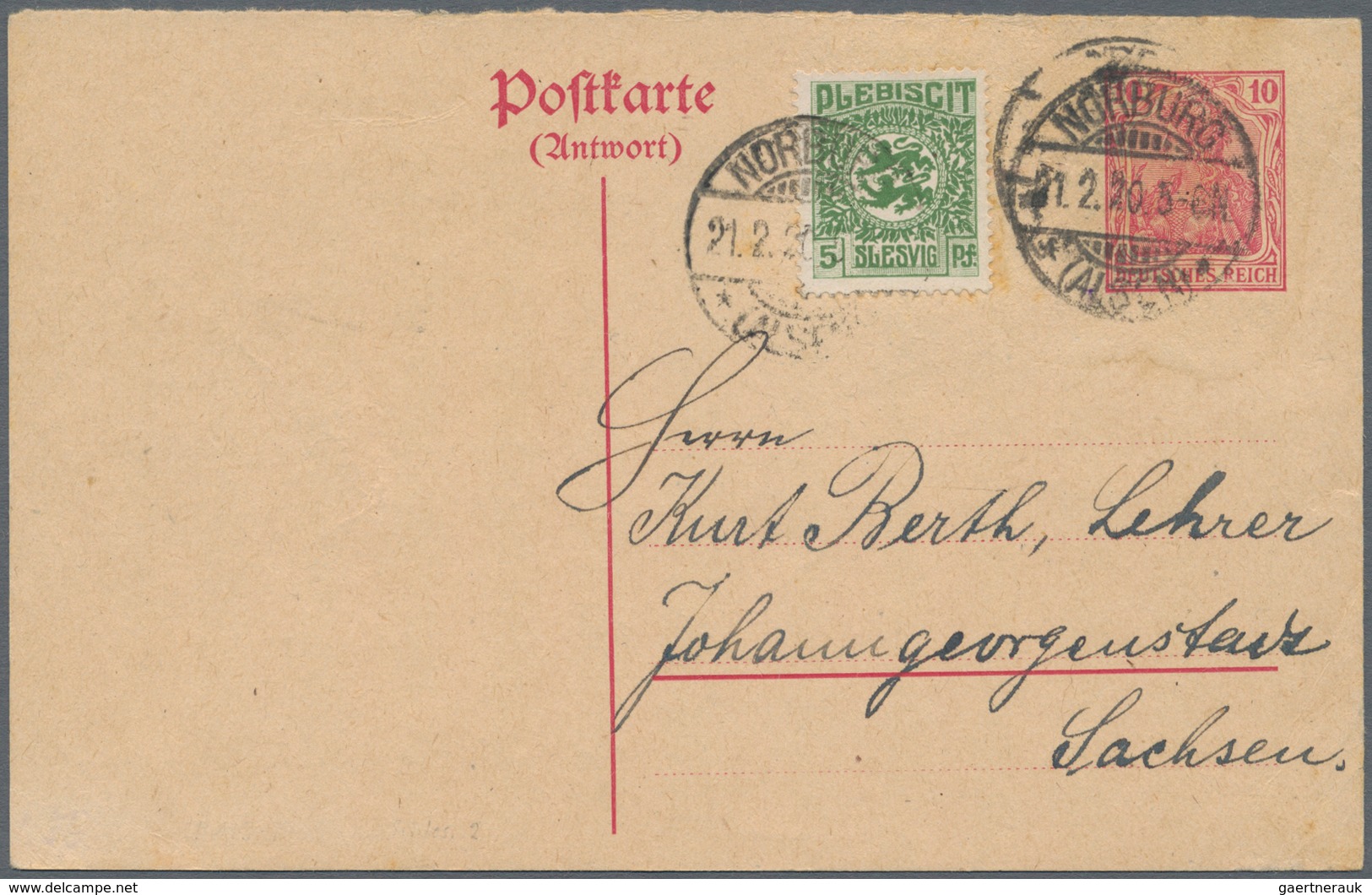 Deutsche Abstimmungsgebiete: Schleswig: 1920, 5 Pf Dkl'olivgrün Als Zfr. Auf Dt.Reich 10 Pf Rot Germ - Other & Unclassified