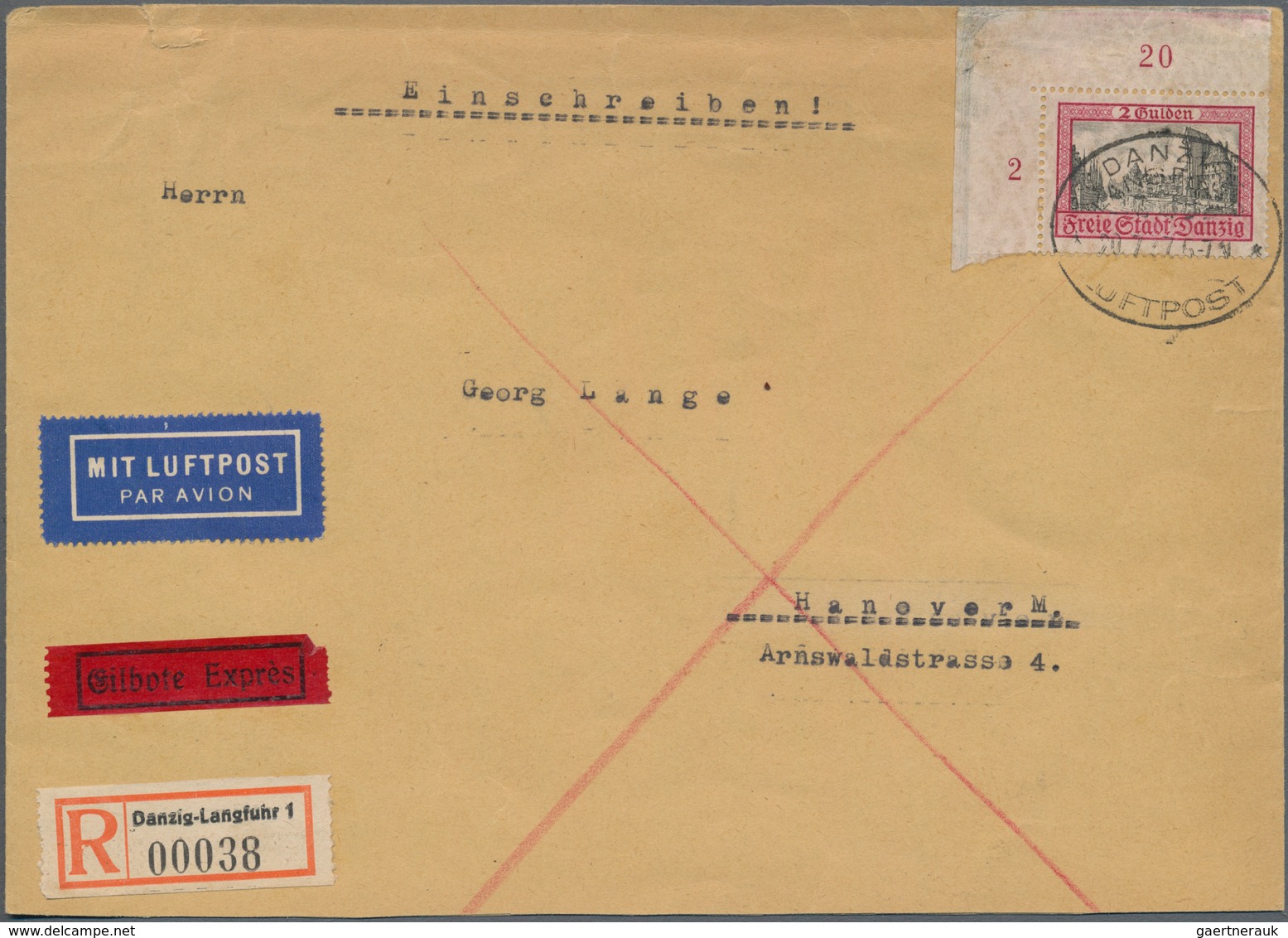 Danzig: 1937, 2 Gulden Magenta/schwarz Aus Der Linken Oberen Bogenecke Mit Ovalem Luftpoststempel En - Andere & Zonder Classificatie