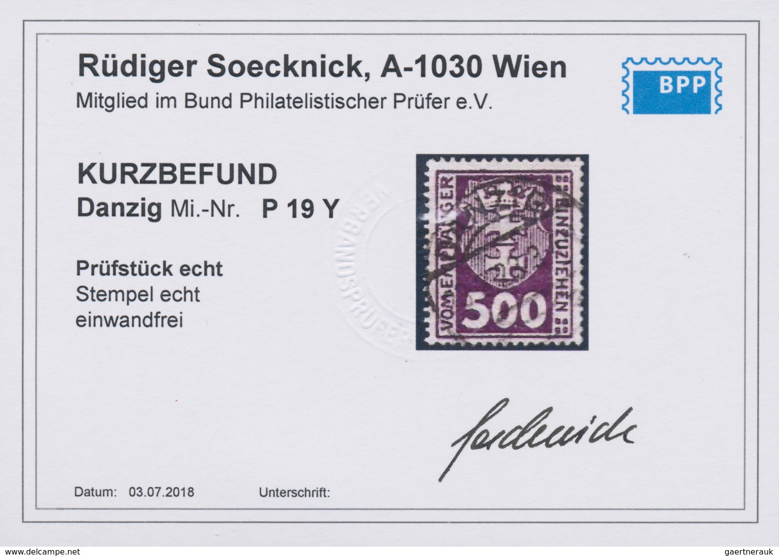 Danzig - Portomarken: 1923, 500 Pf Dkl'violettpurpur, Wz.Y, Mit Zentrischem Zeitgerechten Stempel, E - Sonstige & Ohne Zuordnung