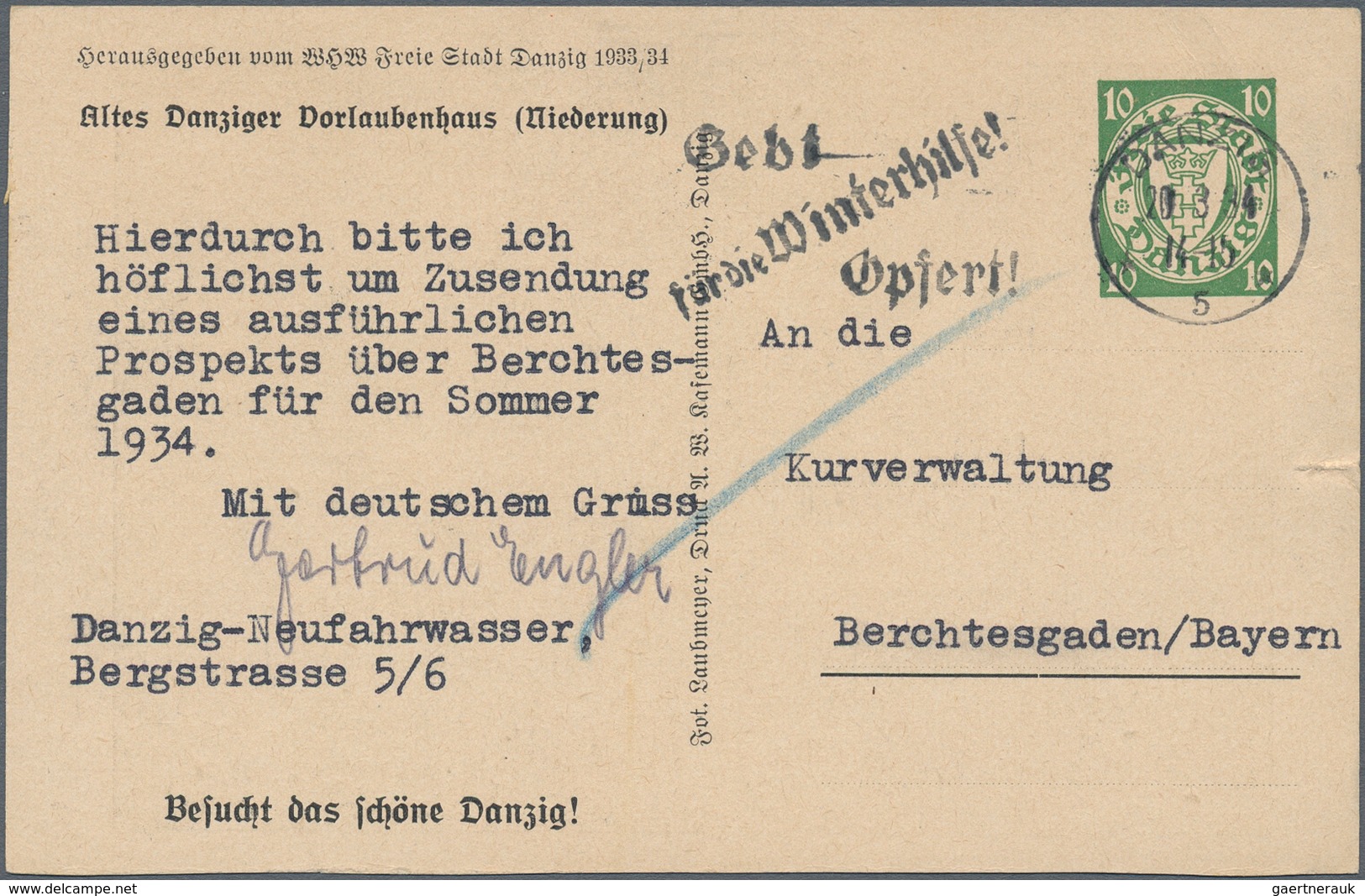 Danzig - Ganzsachen: 1934. WHW-Sonder-Postkarte 10 Pf Wappen Mit Rs. Abb. "Altes Danziger Vorlaubenh - Other & Unclassified