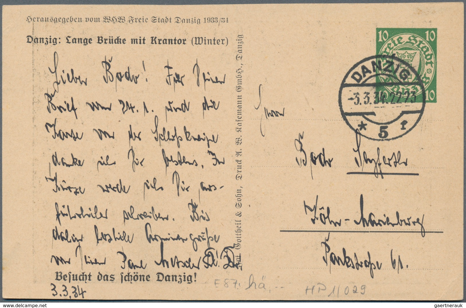 Danzig - Ganzsachen: 1934, Bedarfs- Und Portogerecht Verwendete Ganzsachenbildpostkarte Wst. Wappen - Other & Unclassified