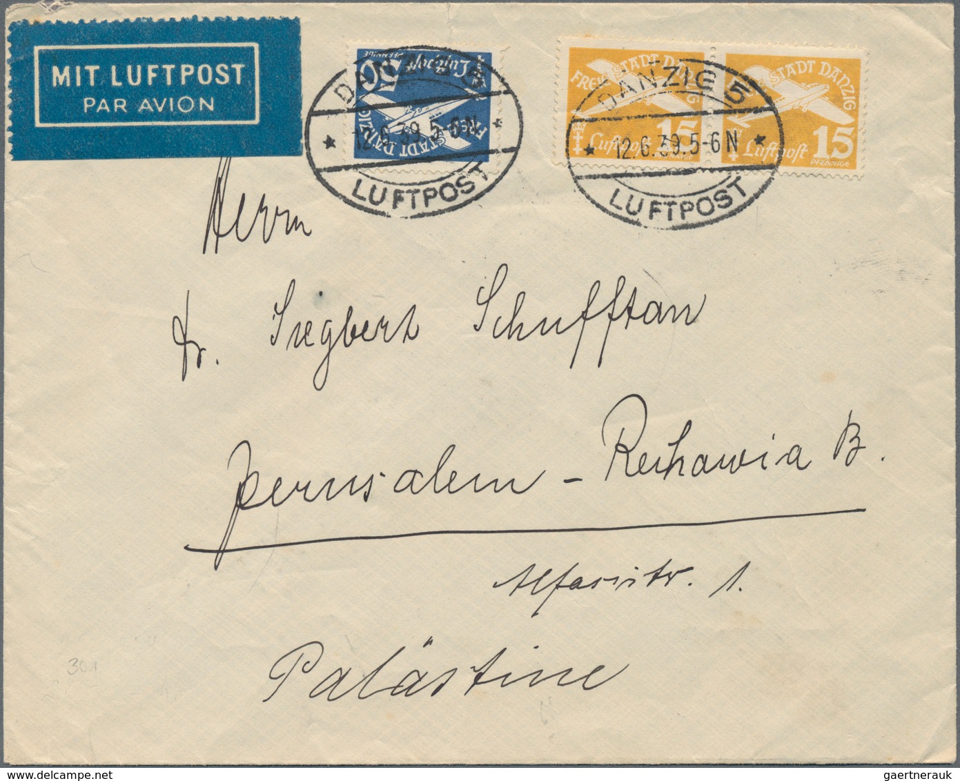 Danzig - Flugpost: 1939, 2 X 15 Pf Gelborange U. 50 Pf Dkl'kobalt Flugpostmarken, Wz.5, MiF Auf Luft - Other & Unclassified