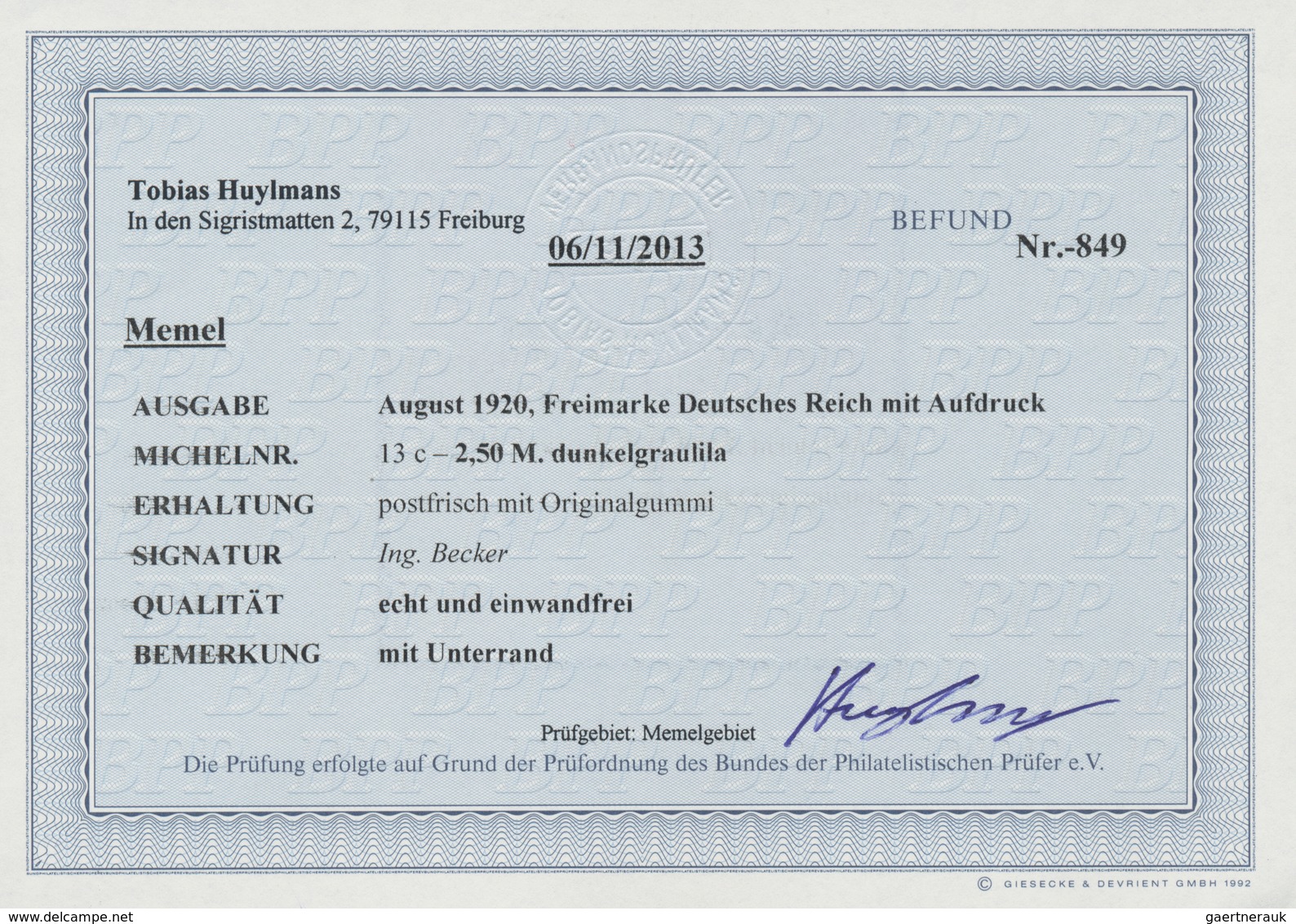 Memel: 1920, 2.50 Mk Dunkelgraulila, Postfrisches Unterrandstück, Gepr. Ing.Becker Sowie Befund Huyl - Memelland 1923