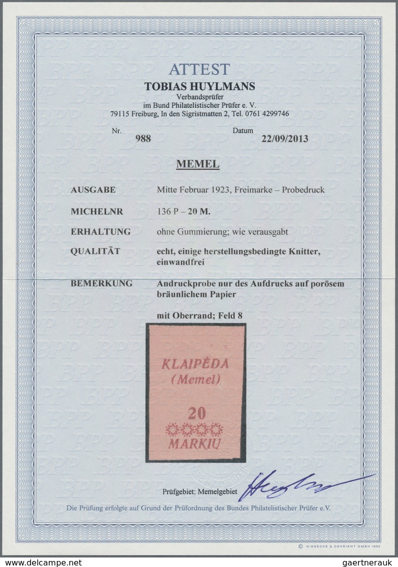 Memel: 1923, Andruckdruckprobe Nur Des Aufdrucks Für Die 20 M. Freimarke Auf Porösem, Bräunlichem Pa - Klaipeda 1923