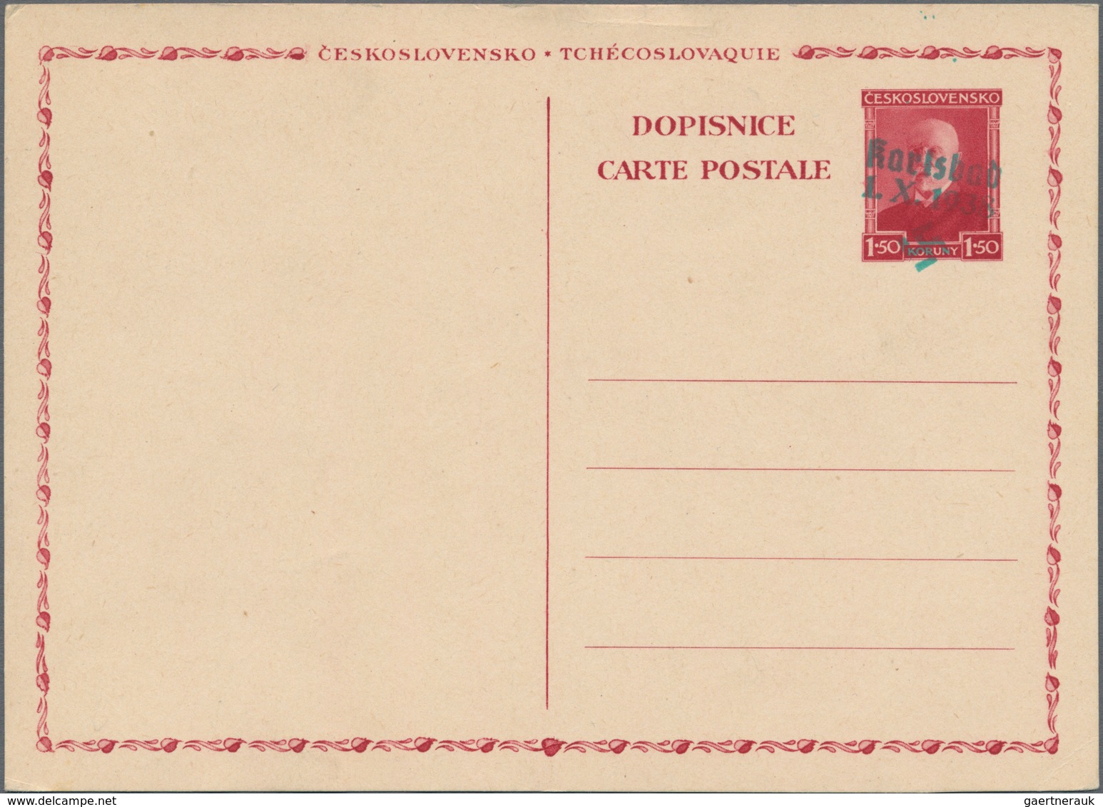 Sudetenland - Karlsbad - Ganzsachen: 1938, Ungebrauchte Ganzsachenpostkarte Mit Wst. Masaryk 1.50 Ko - Bezetting 1938-45