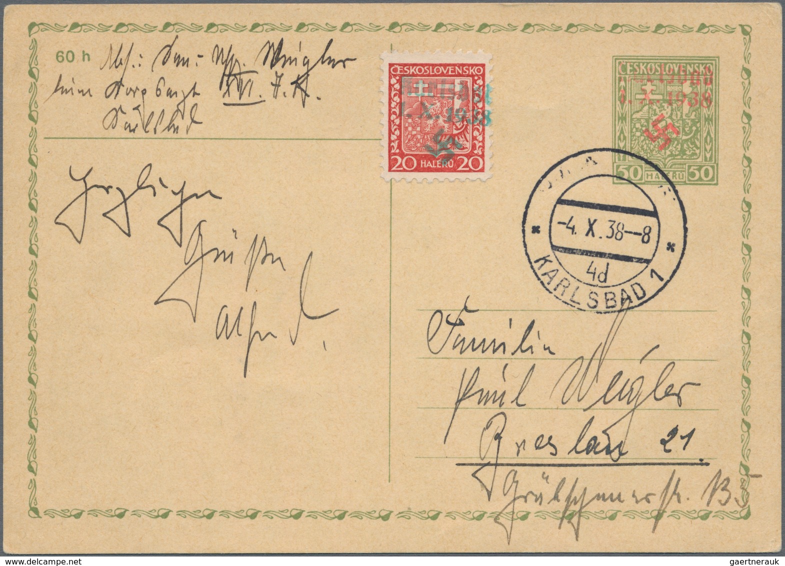 Sudetenland - Karlsbad - Ganzsachen: 1938, Bedarfsgerecht Verwendete Ganzsachenpostkarte Mit Wst. St - Besetzungen 1938-45
