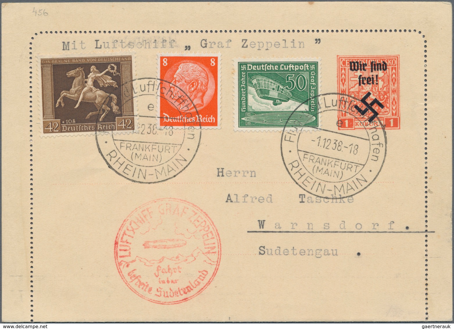 Sudetenland - Rumburg: 1938, ZEPPELIN-Sudetenlandfahrt Auf Kartenbrief Mit Aufdruck "Wir Sind Frei" - Sudetenland