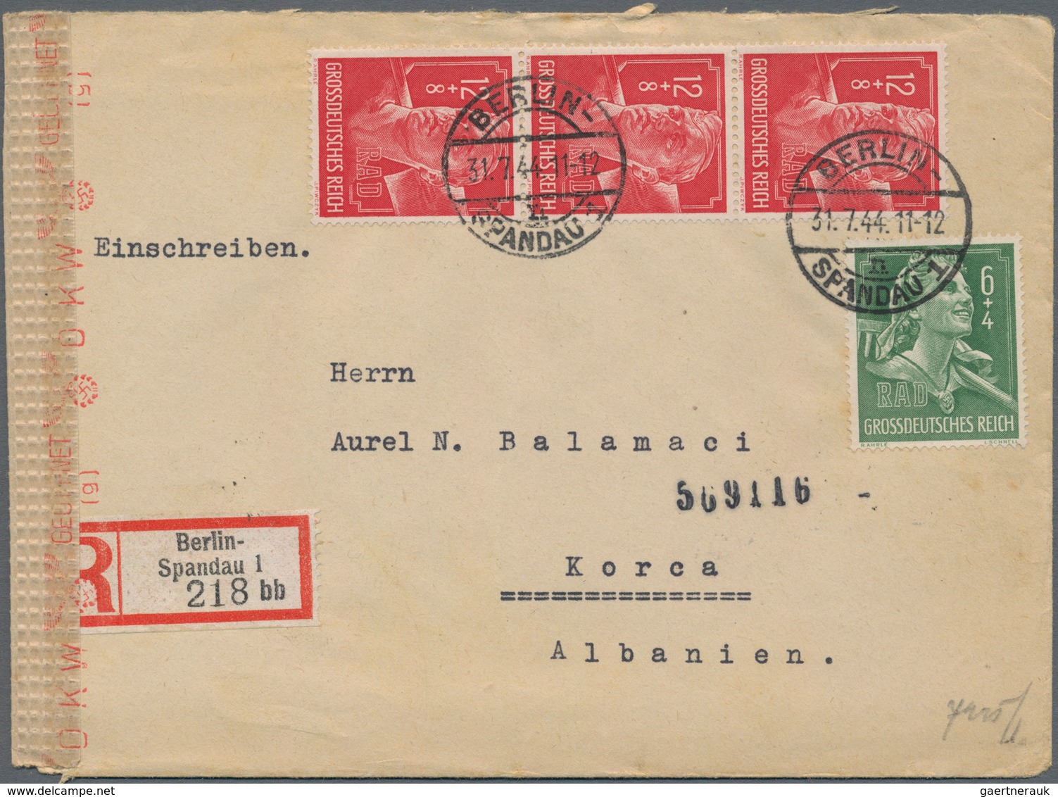 Dt. Besetzung II WK - Albanien: 1944, Einschreiben Von Berlin-Spandau Frankiert Mit 6+4 (Pf) Grün Un - Besetzungen 1938-45