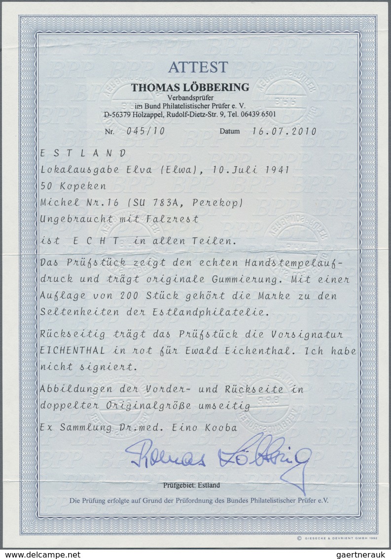 Dt. Besetzung II WK - Estland - Elwa: 1941, 50 Kop. Erstürmung Der Landenge Von Perekop, Mit Falzres - Bezetting 1938-45
