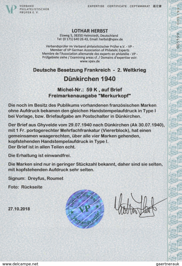 Dt. Besetzung II WK - Frankreich - Dünkirchen: 1940, 25 C Schwärzlichopalgrün "Merkurkopf", Viererbl - Besetzungen 1938-45