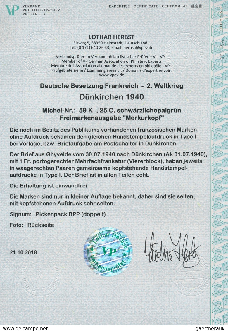 Dt. Besetzung II WK - Frankreich - Dünkirchen: 1940, 25 C Schwärzlichopalgrün "Merkurkopf", Viererbl - Besetzungen 1938-45