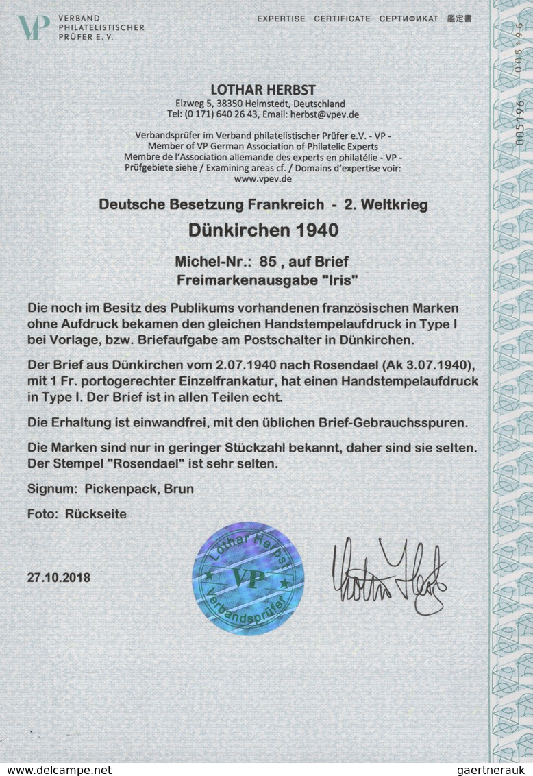 Dt. Besetzung II WK - Frankreich - Dünkirchen: 1940, 1 Fr Dunkelrosarot Freimarke "Iris", Mit Waager - Besetzungen 1938-45