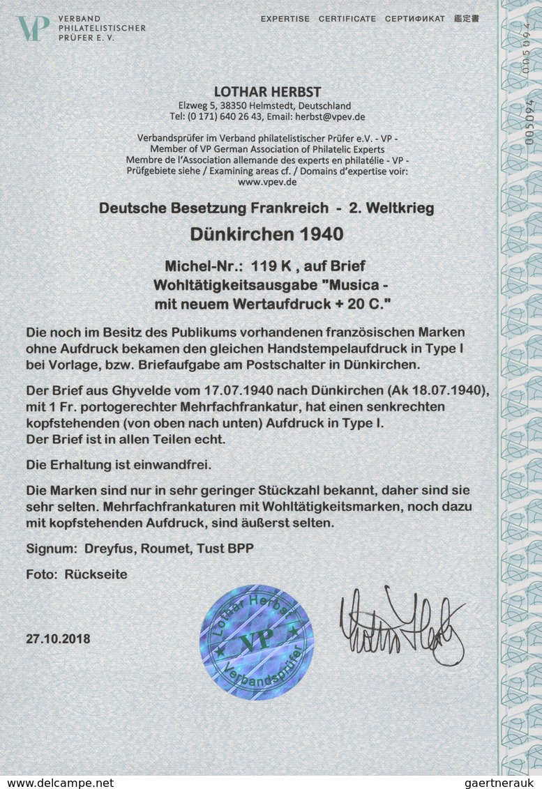 Dt. Besetzung II WK - Frankreich - Dünkirchen: 1940, 50 C + 2 Fr + 20 C Dunkelzinnoberrot "Musica", - Besetzungen 1938-45