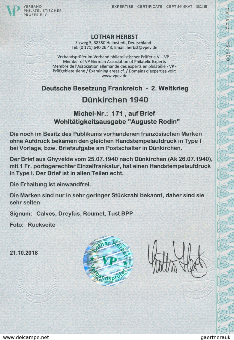 Dt. Besetzung II WK - Frankreich - Dünkirchen: 1940, 1 Fr + 10 C Bräunlichkarmin "Auguste Rodin", Mi - Besetzungen 1938-45