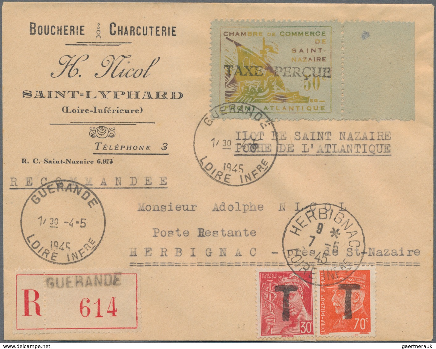 Dt. Besetzung II WK - Frankreich - St. Nazaire: 1945, Eingeschriebener Brief Mit 50 C. Handelskammer - Occupation 1938-45