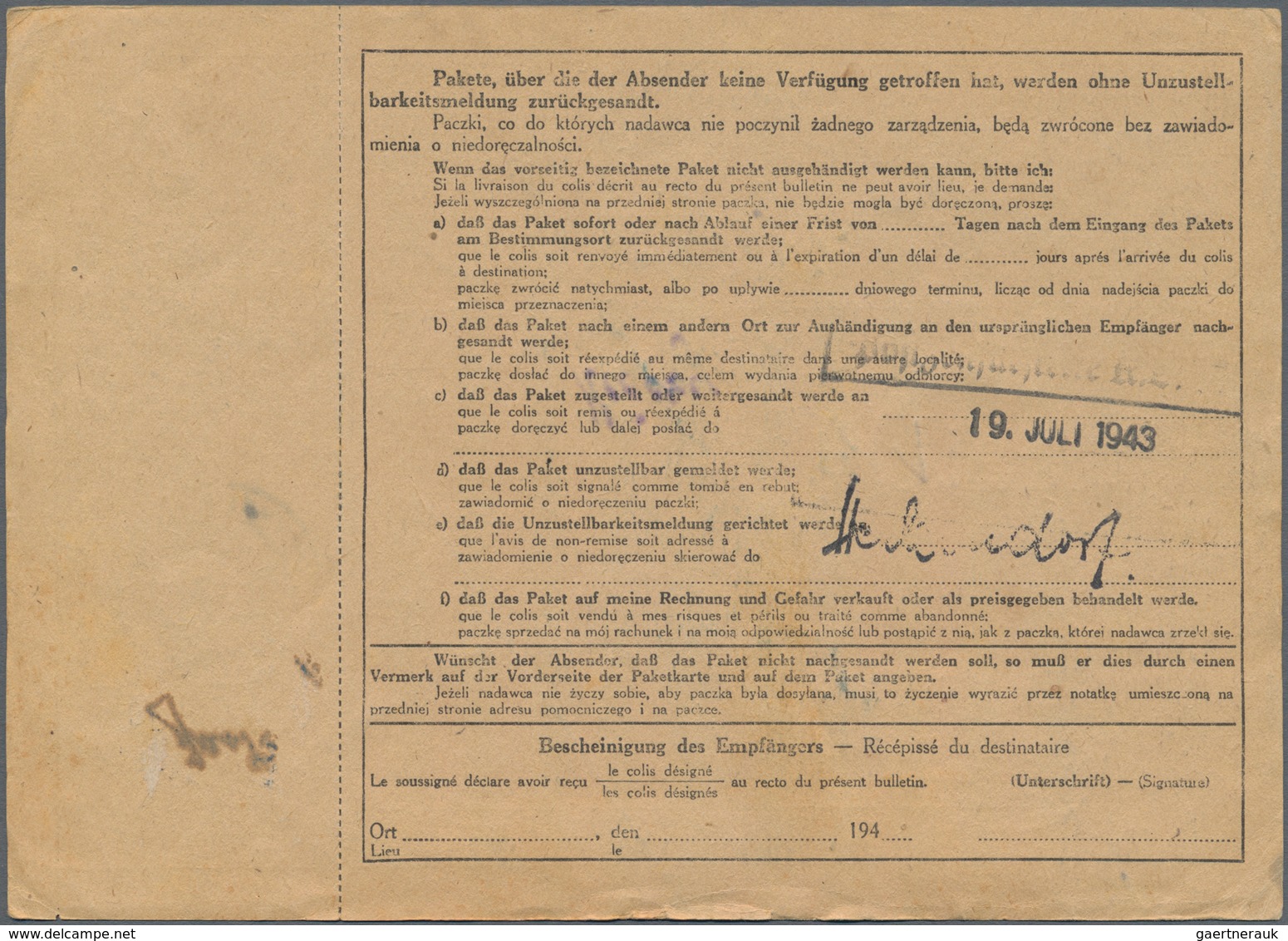 Dt. Besetzung II WK - Generalgouvernement: 1943, KZ-Post, Zwei Paketkarten Aus Dem Generalgouverneme - Occupation 1938-45