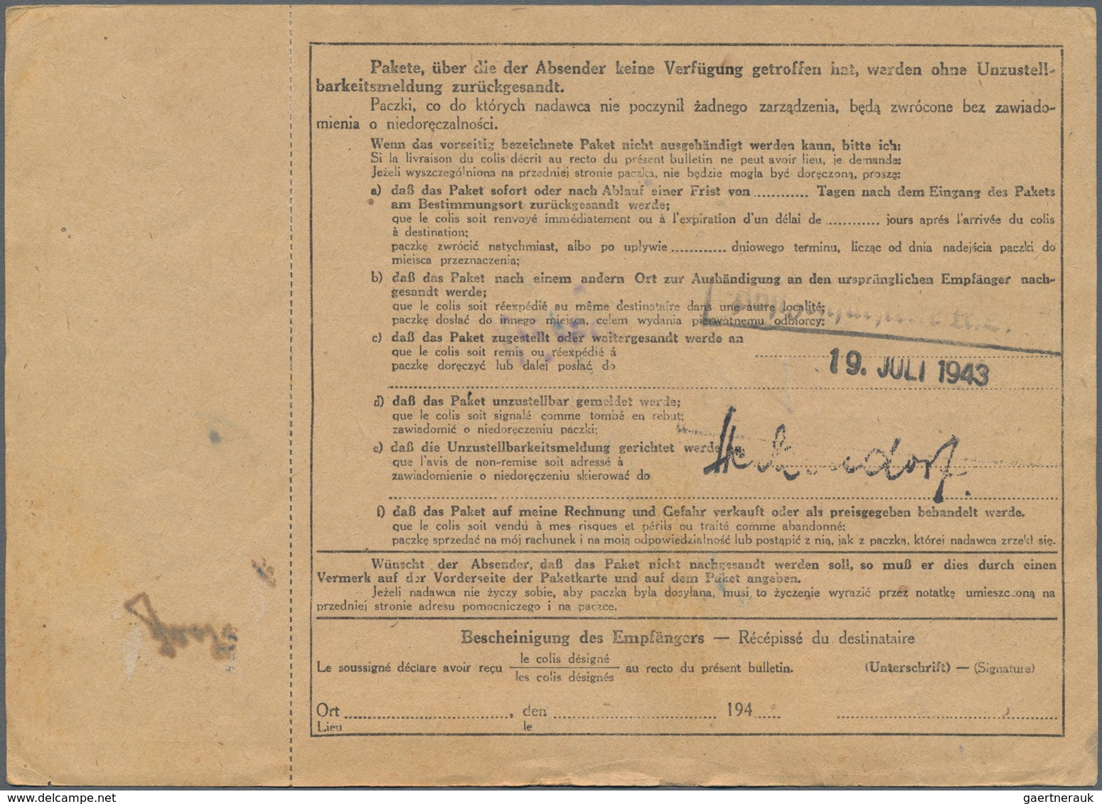 Dt. Besetzung II WK - Generalgouvernement: 1943, KZ-Post, Zwei Paketkarten Aus Dem Generalgouverneme - Besetzungen 1938-45