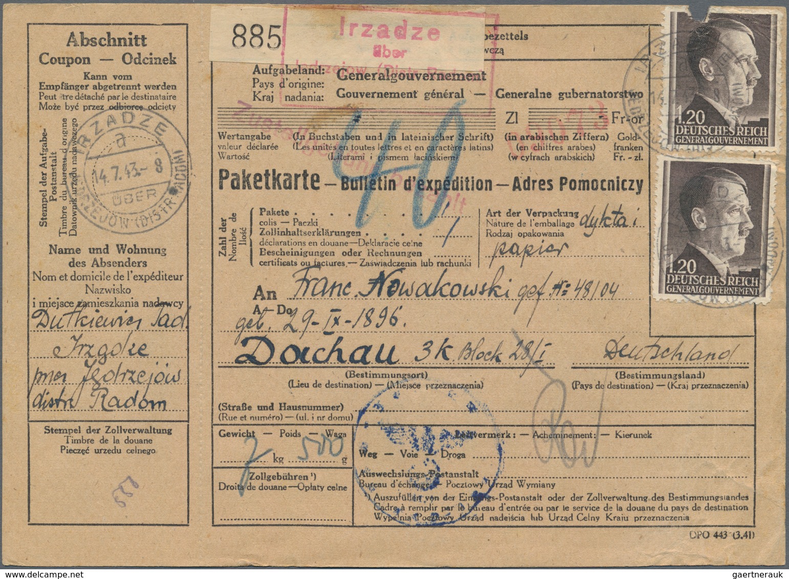 Dt. Besetzung II WK - Generalgouvernement: 1943, KZ-Post, Zwei Paketkarten Aus Dem Generalgouverneme - Bezetting 1938-45