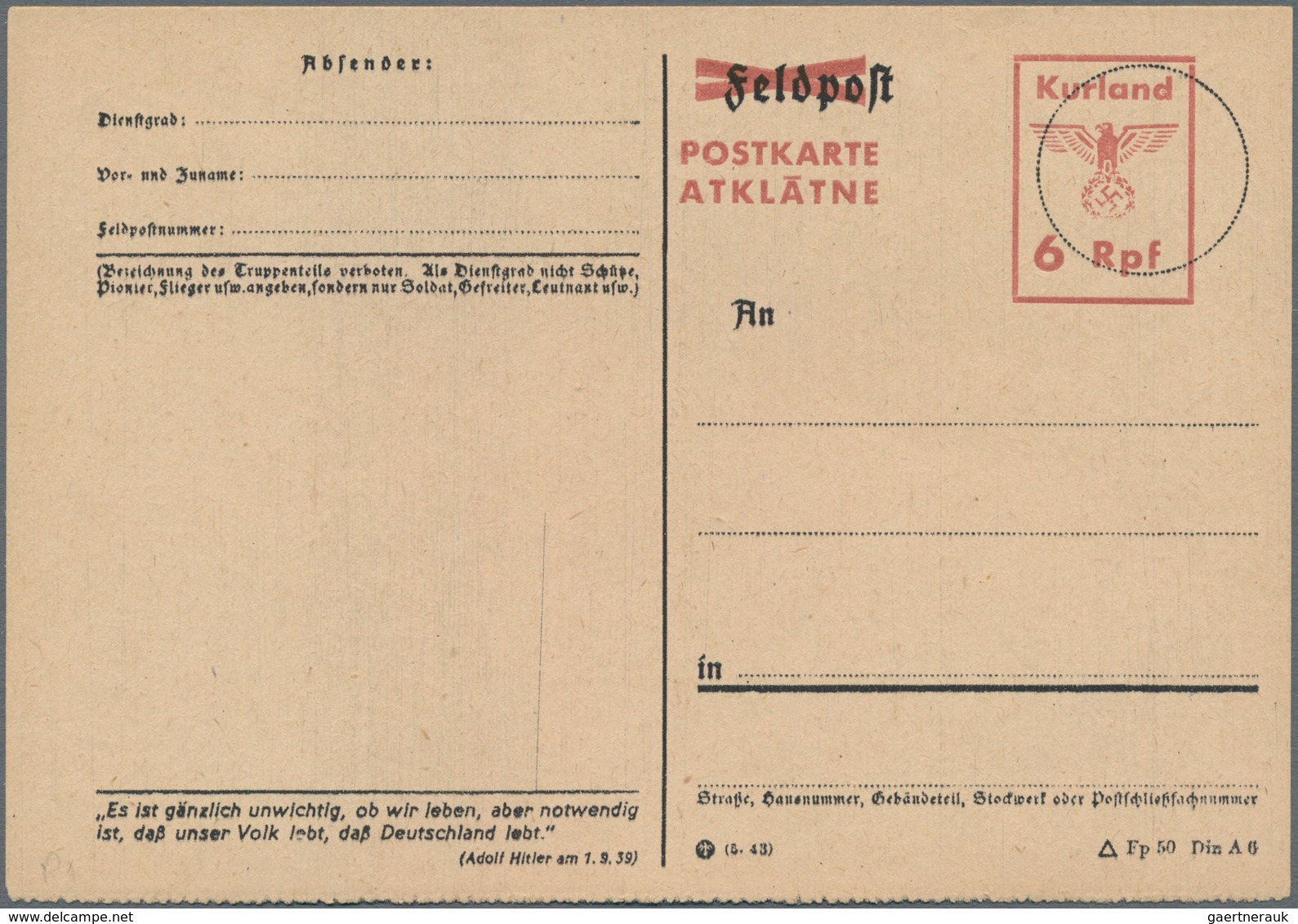 Dt. Besetzung II WK - Kurland - Ganzsachen: 1945, Ungebrauchte Ganzsachenpostkarte Auf Feldpostkarte - Bezetting 1938-45