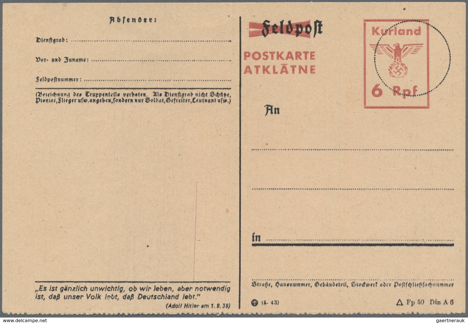 Dt. Besetzung II WK - Kurland - Ganzsachen: 1945, Ungebrauchte Ganzsachenpostkarte Auf Feldpostkarte - Bezetting 1938-45