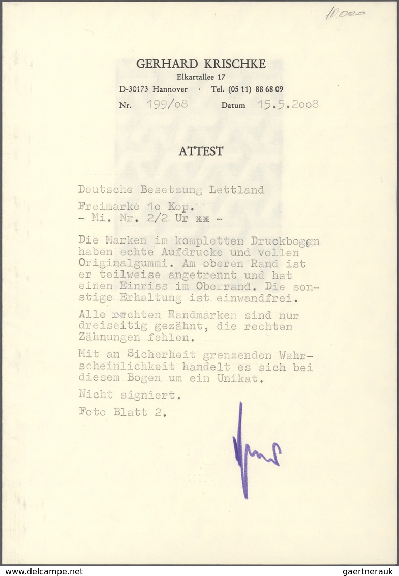 Dt. Besetzung II WK - Lettland: 1941, 10 K Dunkelpreußischblau Im Kompletten Schalterbogen, Dabei Re - Bezetting 1938-45