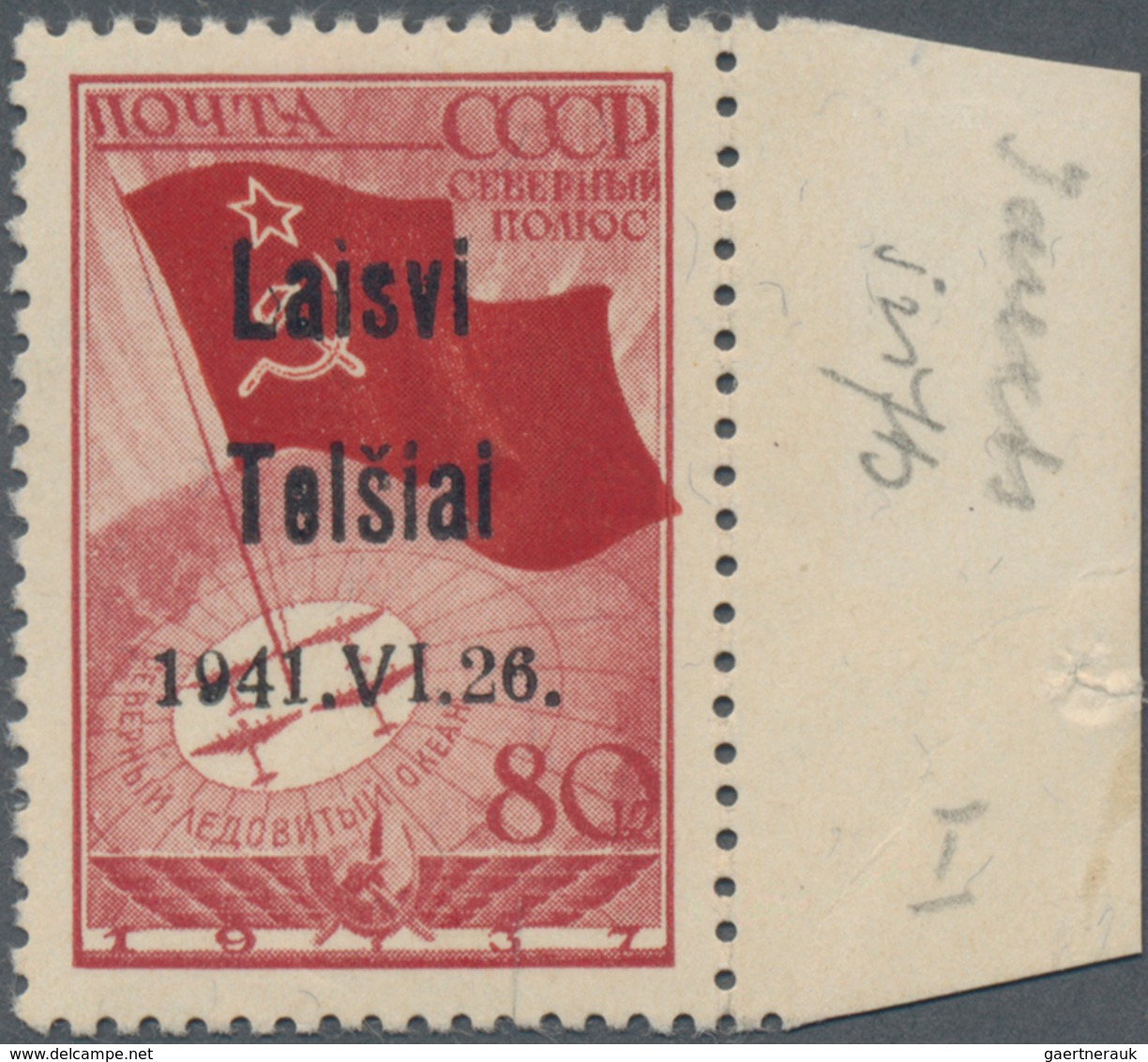 Dt. Besetzung II WK - Litauen - Telschen (Telsiai): 1941, Sondermarke Nordpolflug 80 Kop. Karmin Mit - Bezetting 1938-45