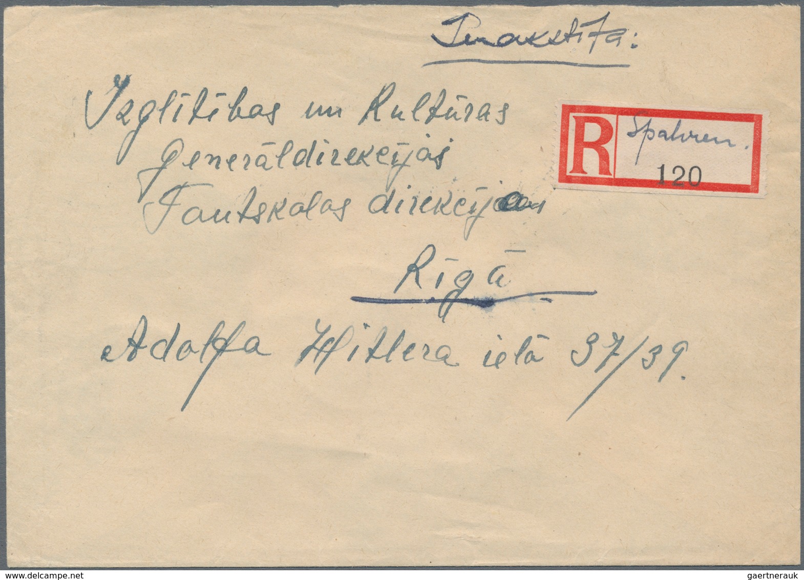 Dt. Besetzung II WK - Ostland: 1943 Einschreiben Mit Provisorischem R-Zettel Von Spalven/Lettland Na - Occupazione 1938 – 45