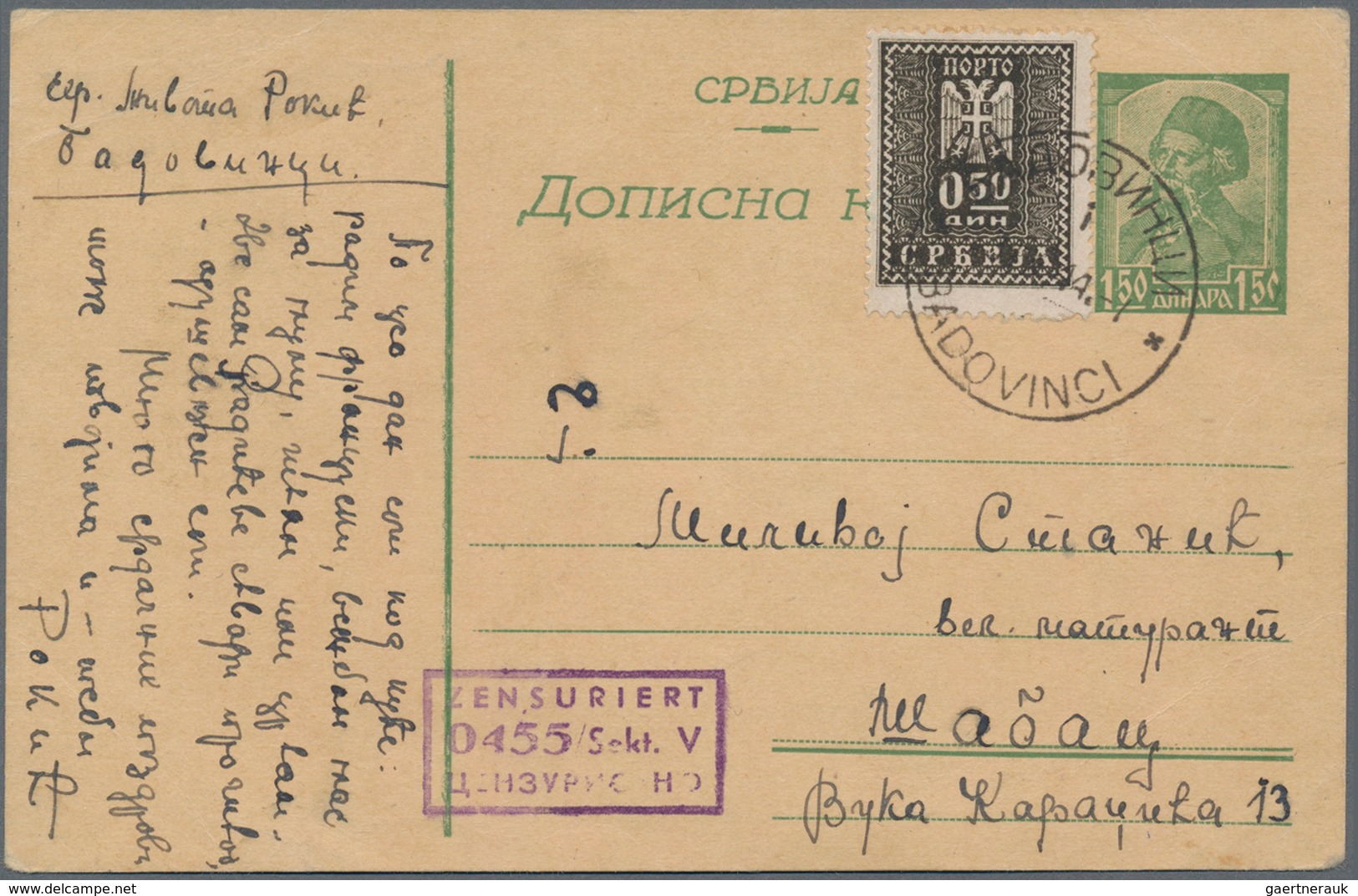 Dt. Besetzung II WK - Serbien - Ganzsachen: 1944, Karte 1.50 Din. Grün Mit Zusatzfrankatur Portomark - Occupation 1938-45