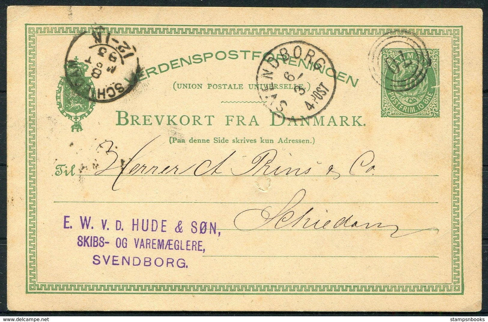 1883 Denmark 10ore Stationery Postcard, Svendborg - Schiedam Holland - Cartas & Documentos