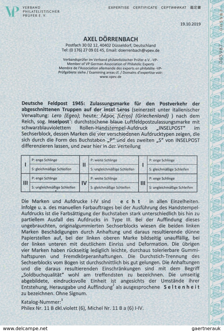 Feldpostmarken: 1945, Waagerechter Sechserblock Der Inselpost-Zulassungsmarke Für Die Insel Leros (A - Andere & Zonder Classificatie