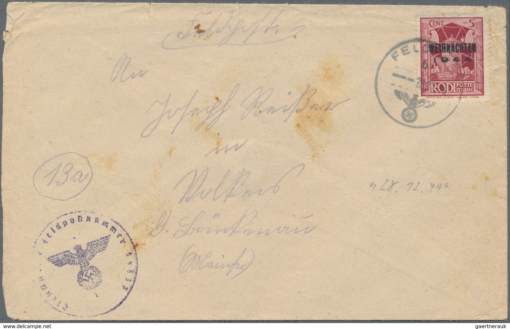 Feldpostmarken: 1944, Insel Rhodos Weihnachtsmarke Mit Aufdrucktype III Auf Feldpostbrief Mit Normst - Other & Unclassified