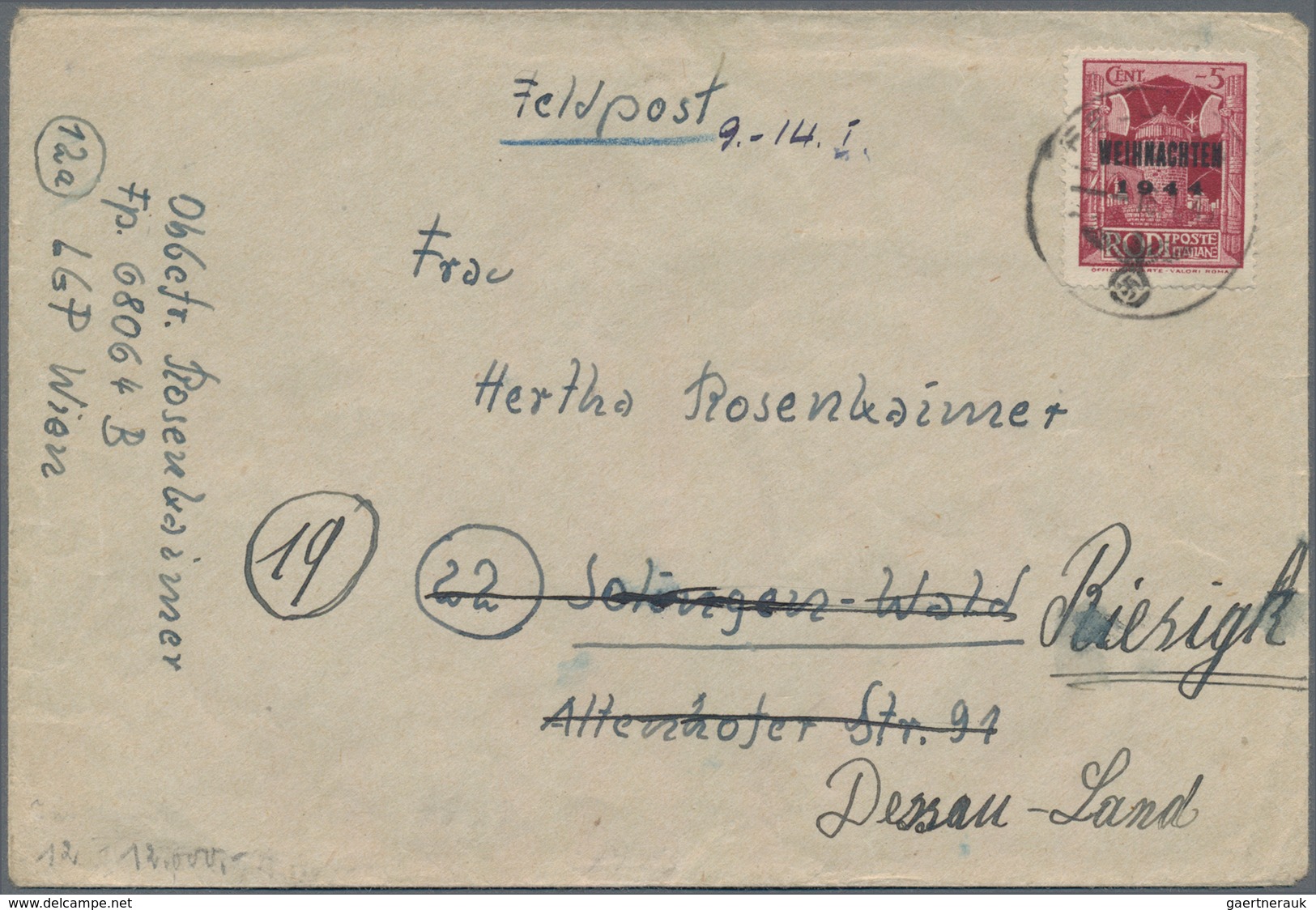 Feldpostmarken: 1944, Rhodos-Weihnachtsmarke Mit Aufdrucktype V Auf Briefumschlag Nach Riesigk, Der - Other & Unclassified