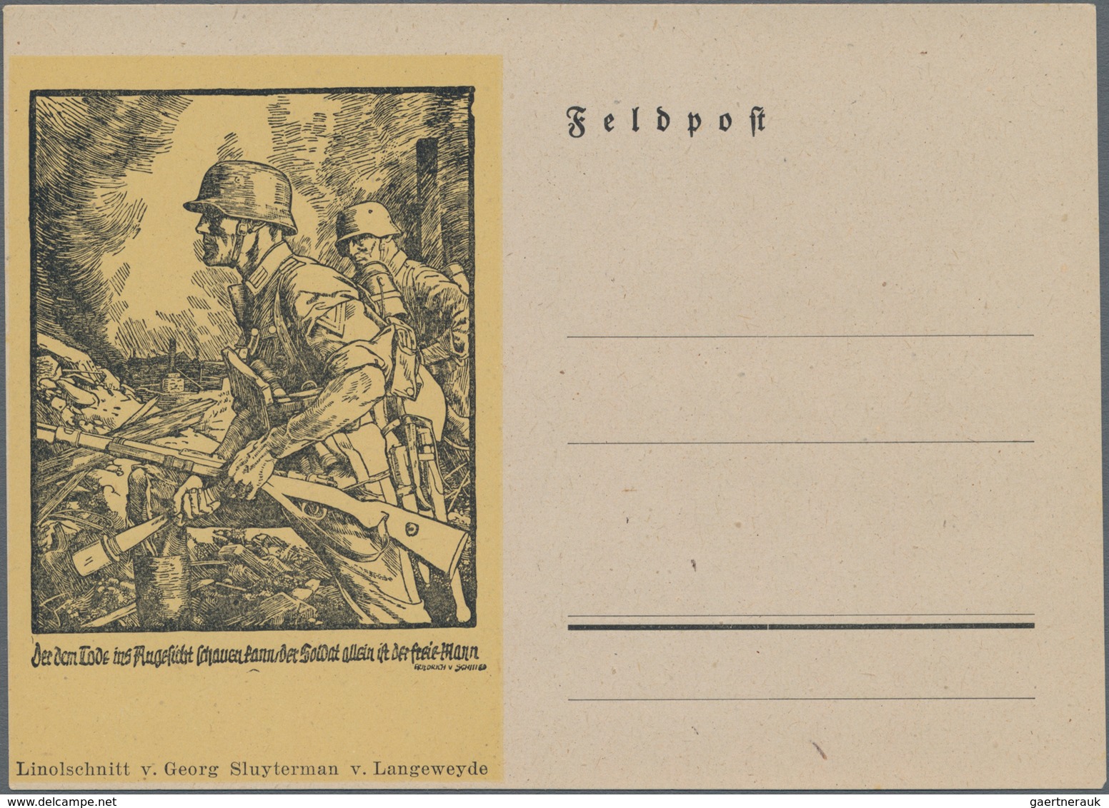 Feldpost 2. Weltkrieg: 1938/45, 9 Künstlerkarten Feldpost WWII. von Georg Sluyterman v. Langeweyde,