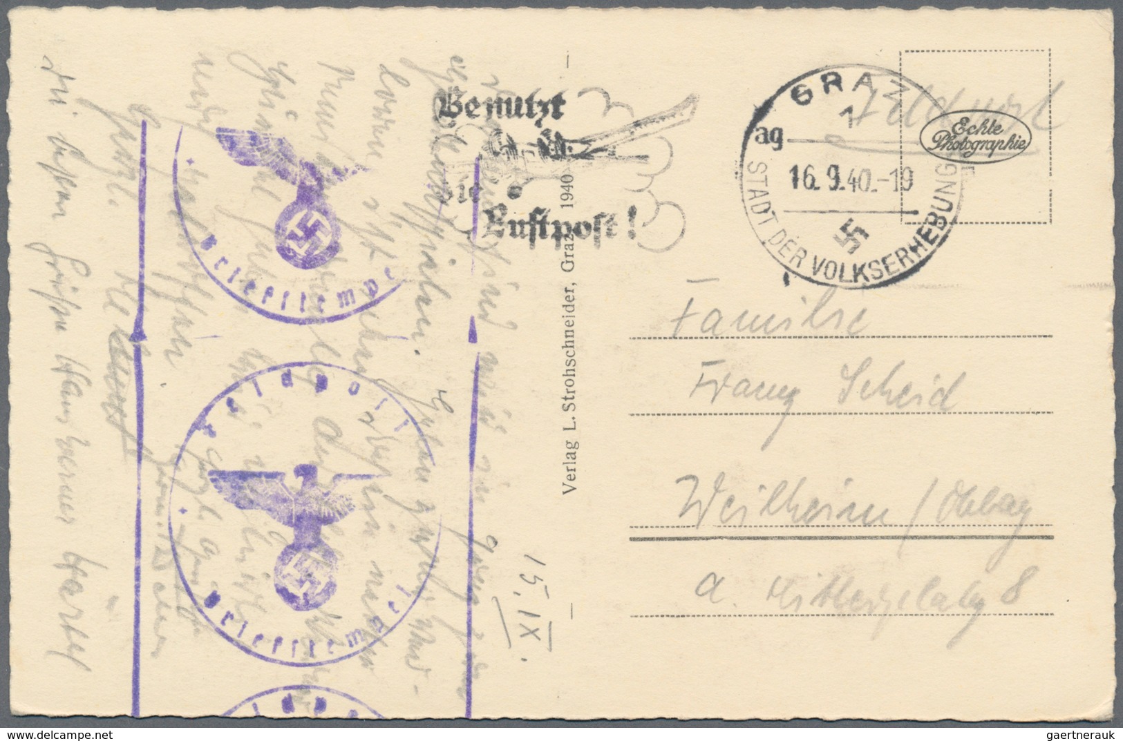 Feldpost 2. Weltkrieg: 1940, Feldpostkarte Ab GRAZ, 16.9.40 Nach Weilheim, Seltene Version Des Brief - Other & Unclassified