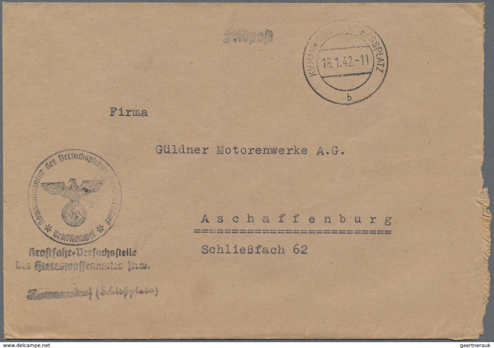 Feldpost 2. Weltkrieg: 1942 (16.1.), KUMMERSDORF SCHIESSPLATZ "b" Auf FP-Dienstbrief Mit Dienstsiege - Other & Unclassified