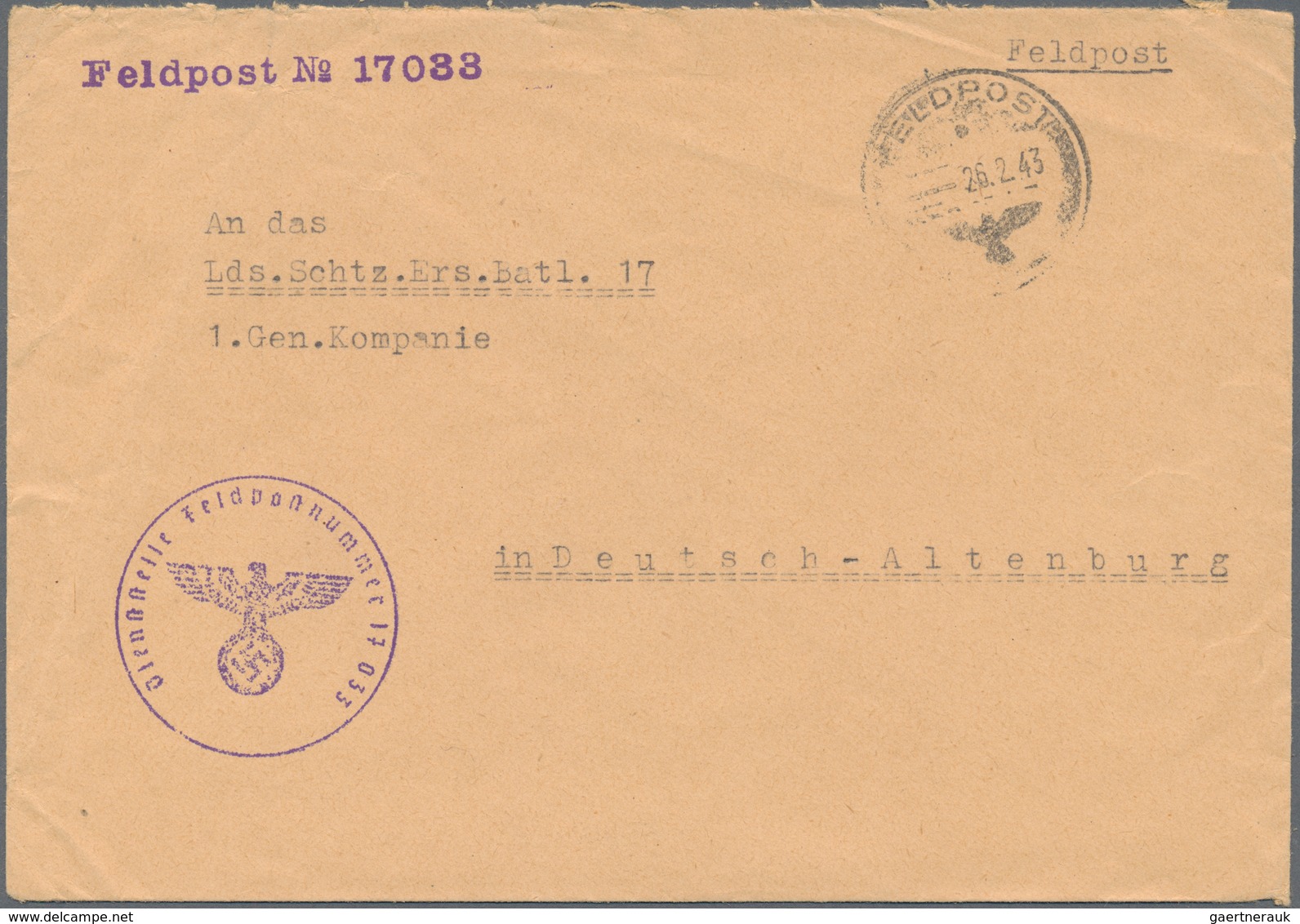 Feldpost 2. Weltkrieg: 1943, Front/Front: Brief Mit Dienststempel Der Feldpost-Nr.17033 (Kol.Bau Btl - Other & Unclassified