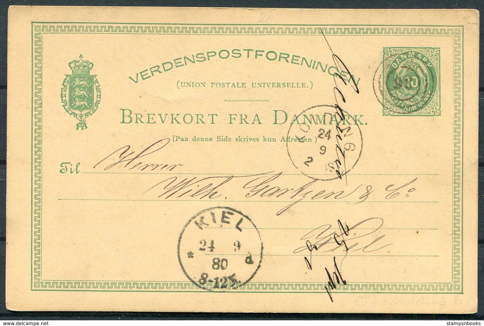 1880 Denmark 10 Ore Stationery Postcard, Kolding - Kiel Germany - Cartas & Documentos