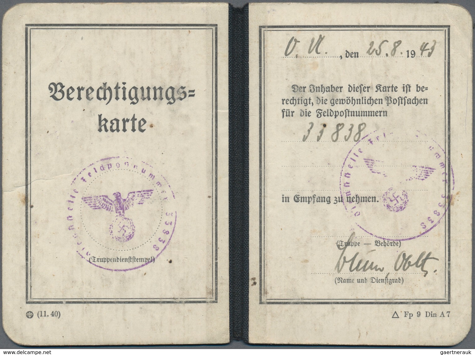 Feldpost 2. Weltkrieg: 1943, Berechtigungskarte Zum Empfang Gewöhnlicher Postsachen Für Die Feldpost - Other & Unclassified