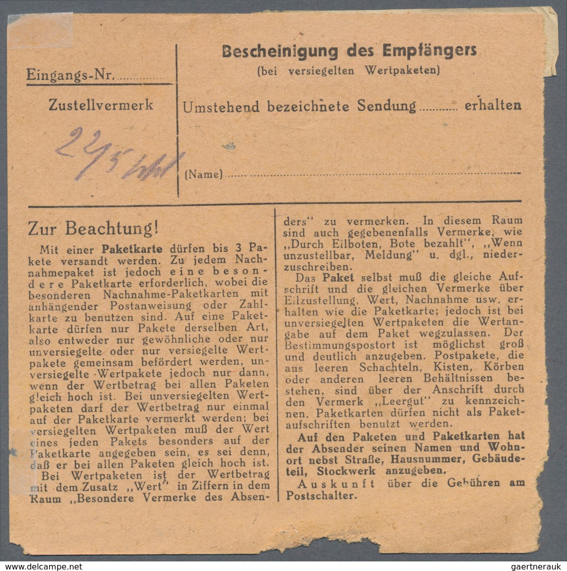 Feldpost 2. Weltkrieg: 1944. Feldpost Packet Card "Gut Der Waffen SS" (Goods Of The Waffen SS) At Ko - Sonstige & Ohne Zuordnung