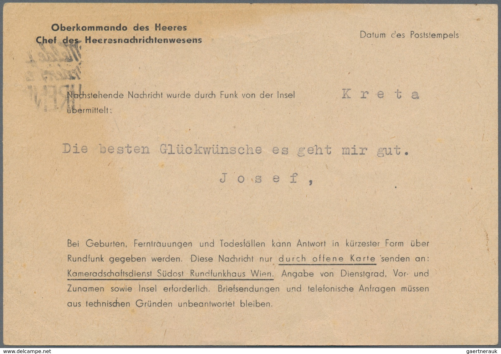 Feldpost 2. Weltkrieg: 1944, KRETA, Funkmitteilung Mit Poststempel Vom 12.12. (BERLIN SW 11 Mit Werb - Sonstige & Ohne Zuordnung