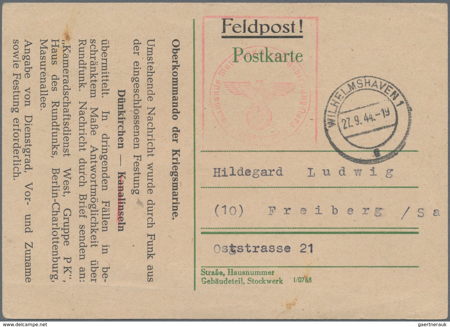 Feldpost 2. Weltkrieg: 1944 (27.9.), Funknachrichtenkarte Mit Funkgrüßen Aus Der "Festung Dünkirchen - Other & Unclassified