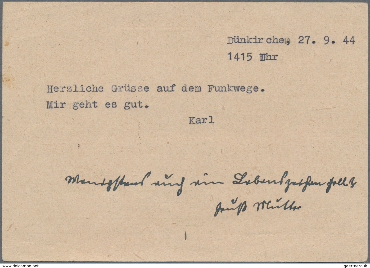 Feldpost 2. Weltkrieg: 1944 (27.9.), Funknachrichtenkarte Mit Funkgrüßen Aus Der "Festung Dünkirchen - Sonstige & Ohne Zuordnung