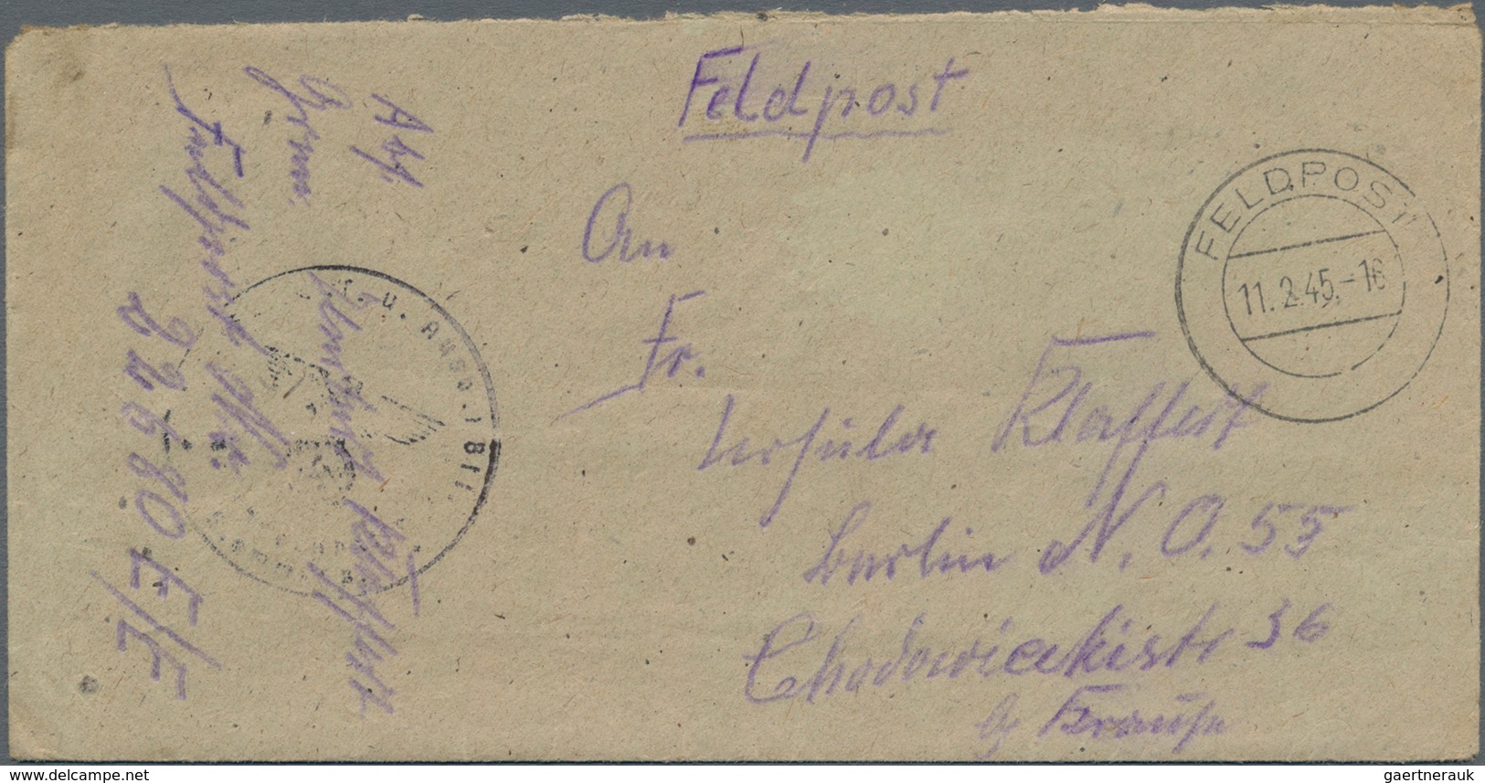 Feldpost 2. Weltkrieg: 1945 (11.2.), Danziger Zweikreisstempel FELDPOST Auf FP-Brief (interessanter - Other & Unclassified